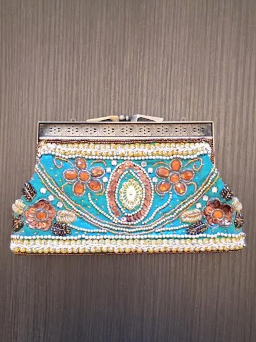 WOMEN'S JADE BROWN FLORAL BEADED SEQUIN STONE KISSLOCK BAG PURSE PURPLE PEARL